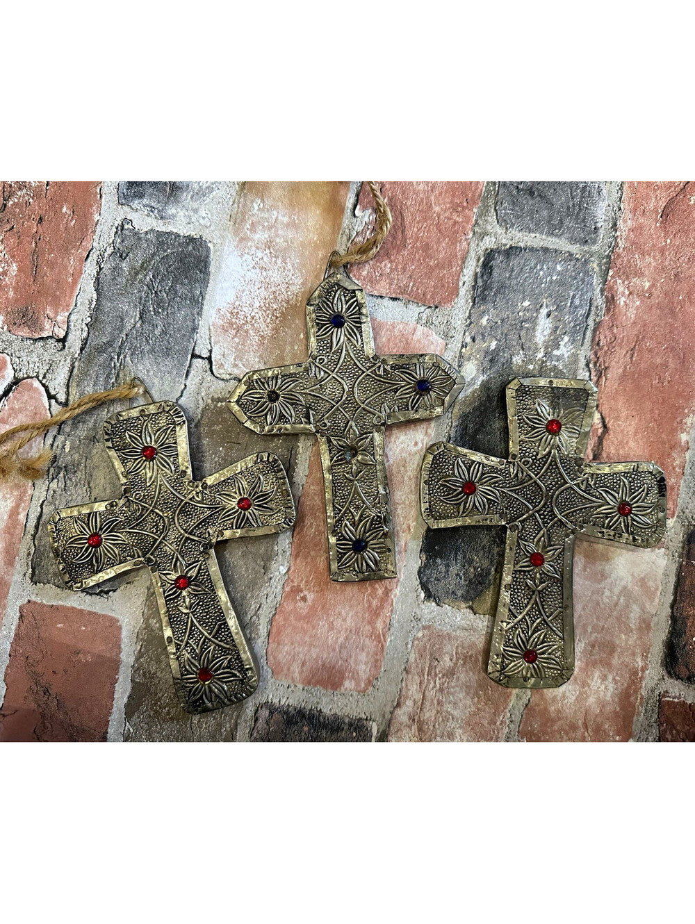 Set of 3 Vintage India Repoussé Metal Wall Crosses Red Blue Jeweled Folk Art